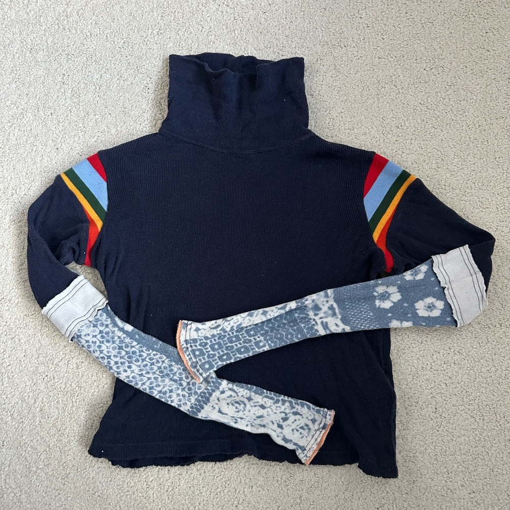 Free People Navy Turtleneck Sweater with Multicolor Stripes